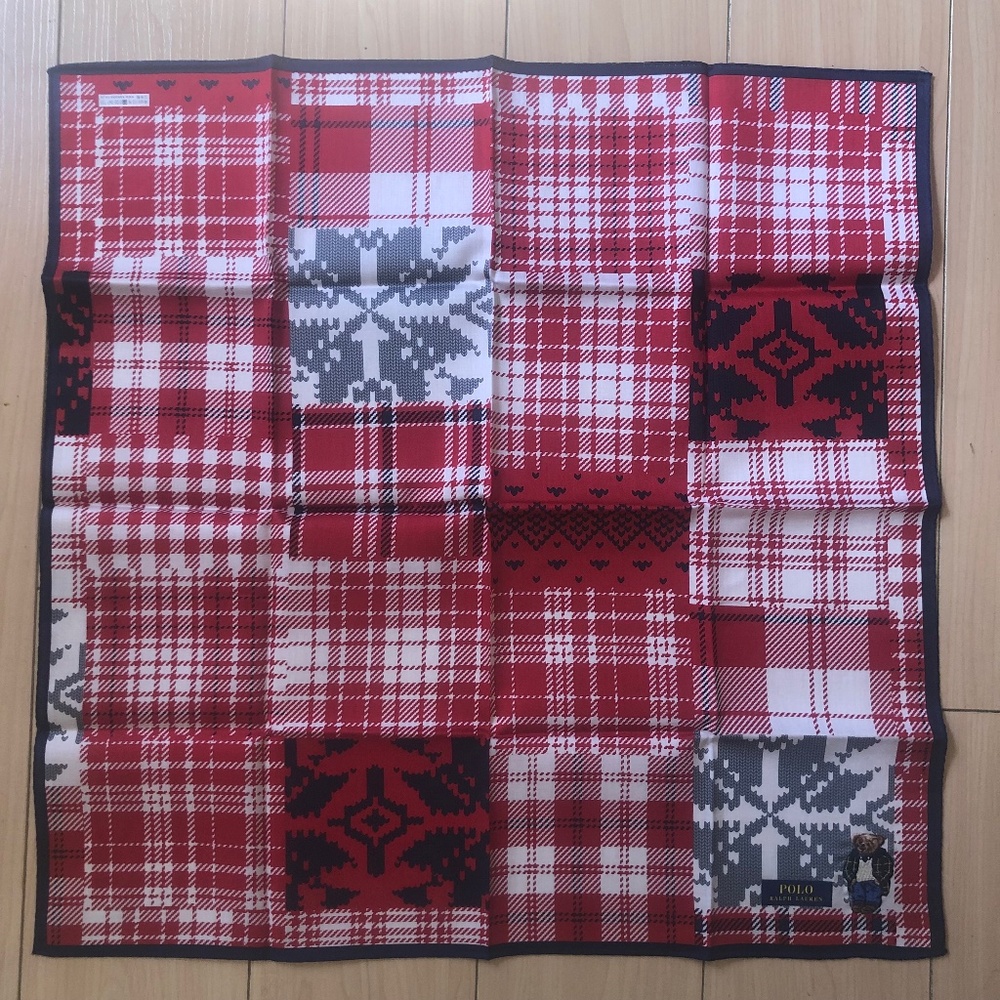 New Polo Ralph Lauren Bear Handkerchief Scarf Pocket Square Patchwork Red
